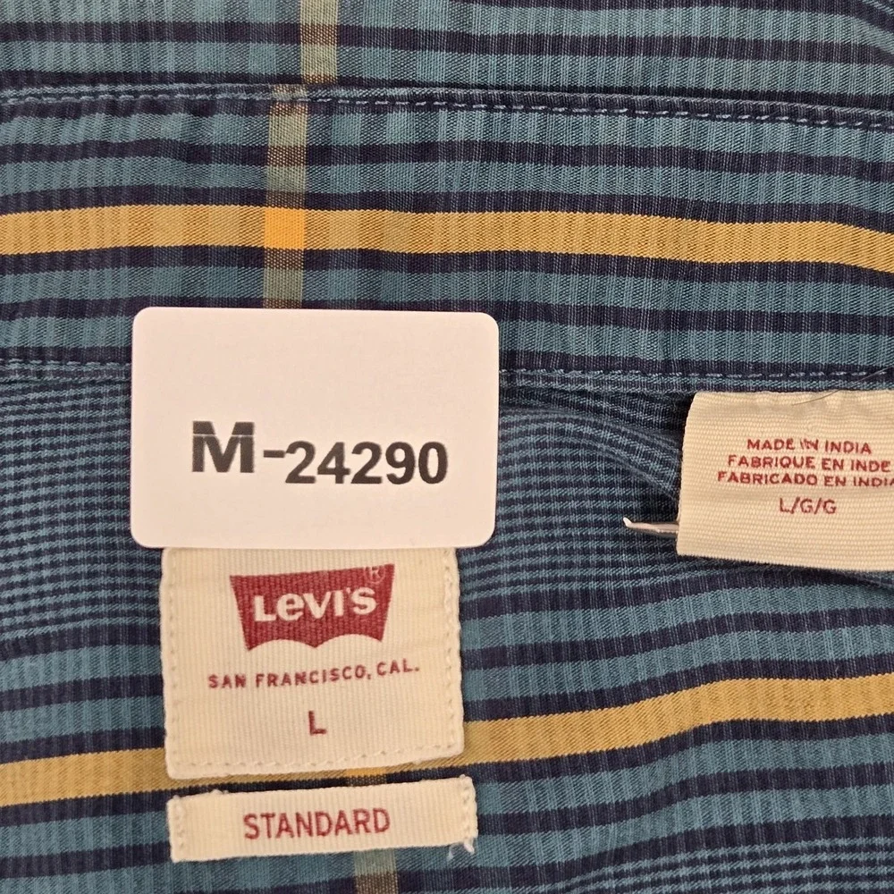 Levi's‎ Men Button Up Shirt L Blue Plaid Casual Standard Long Sleeve Logo